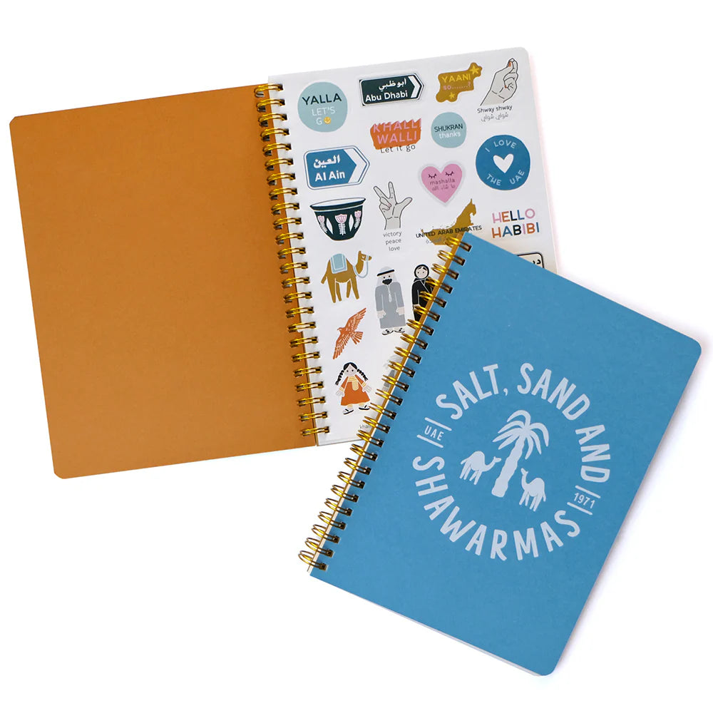 A5 Salt, Sand & Shawarmas notebook (with sticker sheet)